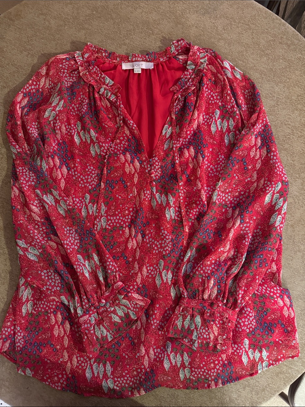LOFT Red Floral Ruffle V-Neck Blouse